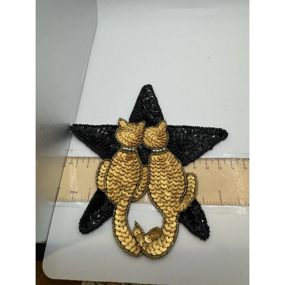 Sequined & Beaded Cats And Star Sew On Patch NOS Gold & Black